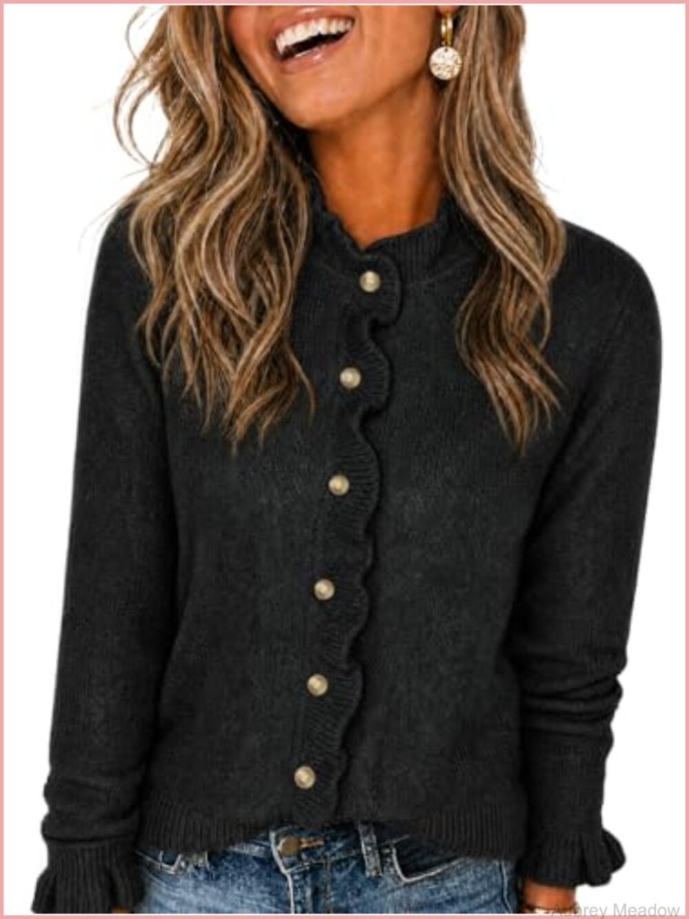 Womens Ruffle Cardigan Sweater Button Front Knit Long Sleeve Lightweight